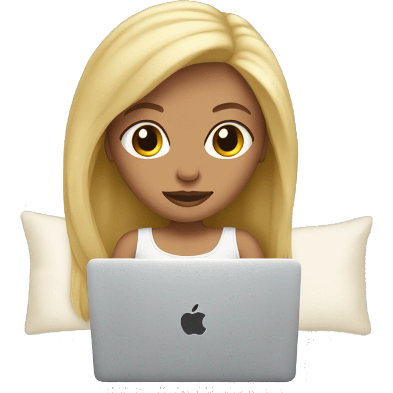 blonde girl using macbook in bed emoji