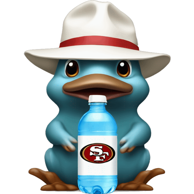 platypus wearing a white 49er hat holding water bottle emoji