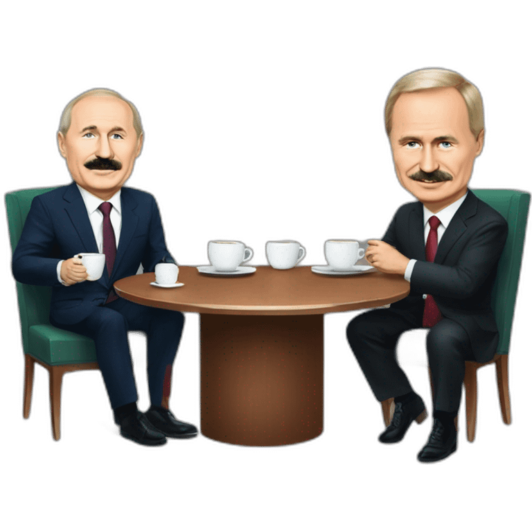 Lukashenko caricature and a Putin as radio talkshow hosts having coffee emoji