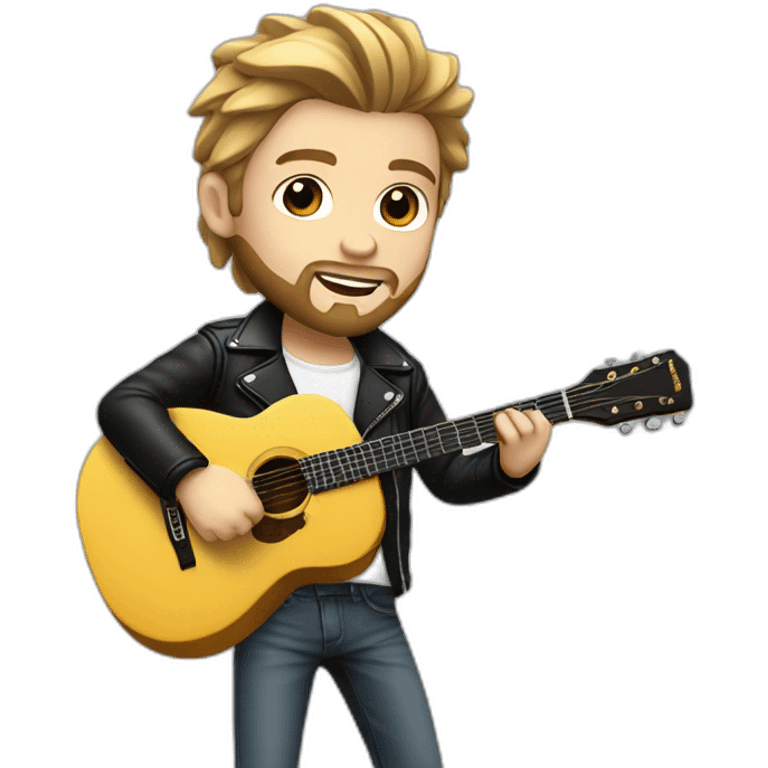 A young man with a fashionable hairstyle and beard, with white skin, dressed in a white shirt and a black leather jacket, plays the guitar emoji