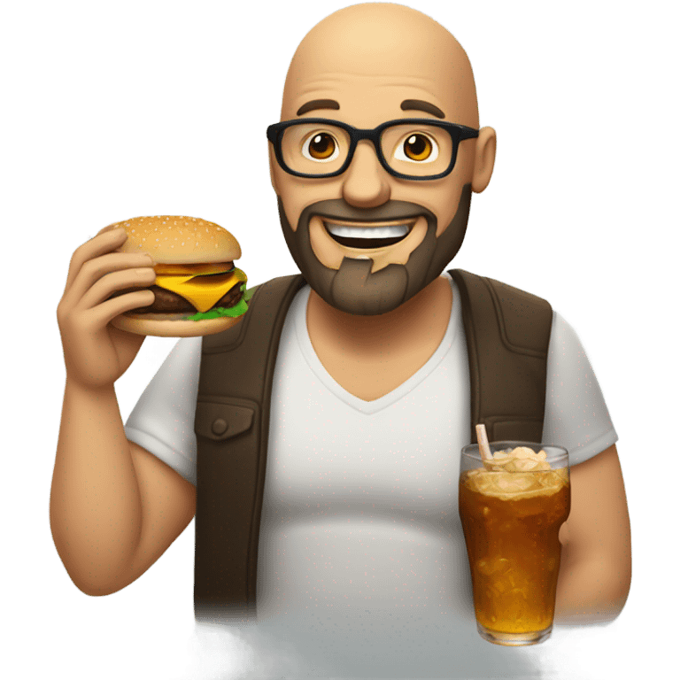 Happy bald man with beard and glasses eating a burger and drinking bourbon  emoji