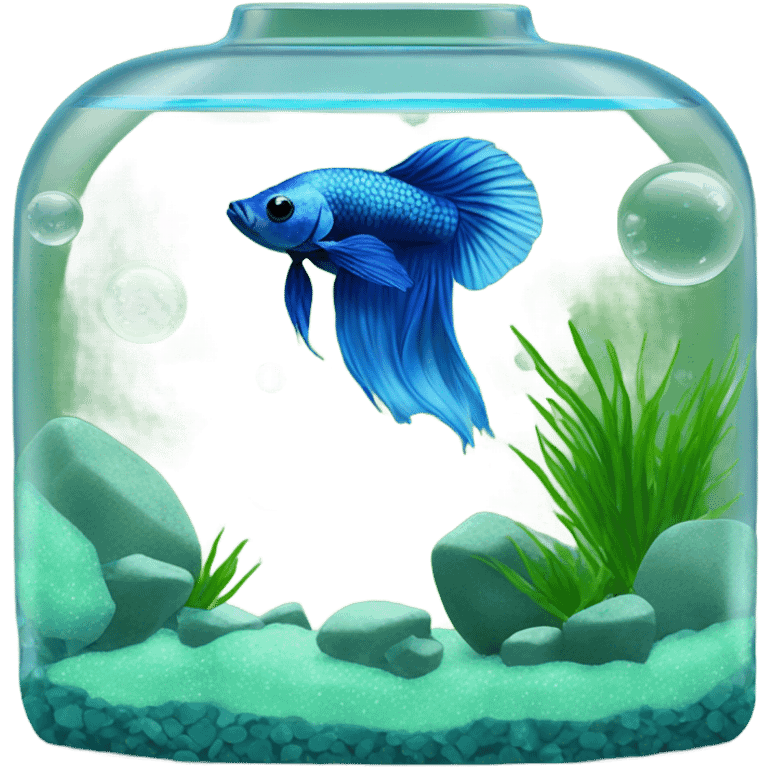 beta fish aquarium with a blue male beta fish with green rocks and bubbles emoji