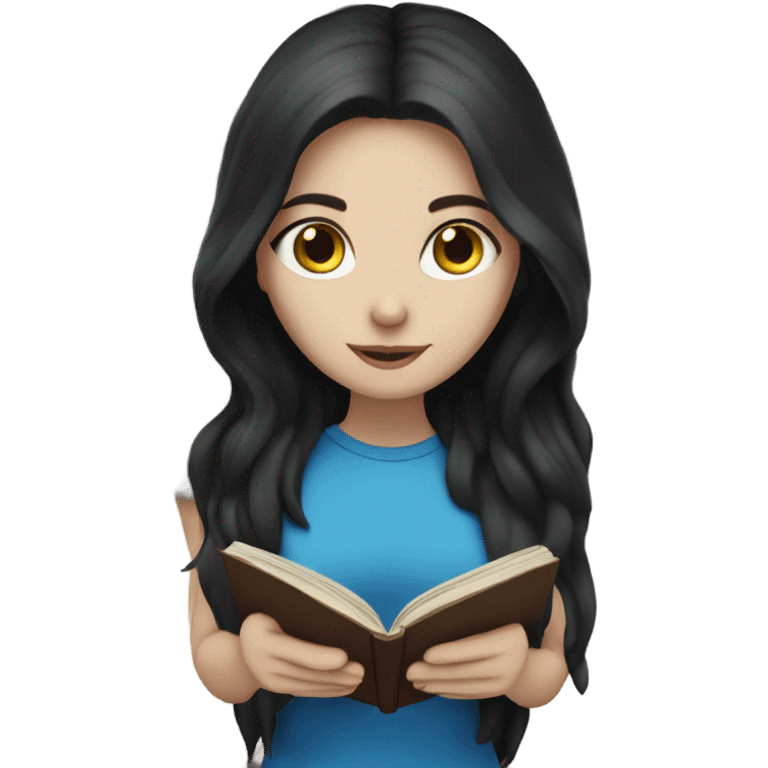 White skin with long dark hair, blue eyes, reading a book emoji