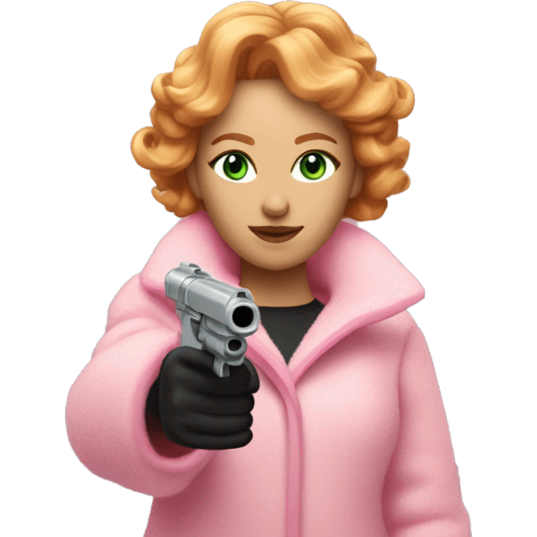 Women with reddish blonde hair with light green eyes and a pink fluffy coat pointing a laser gun emoji