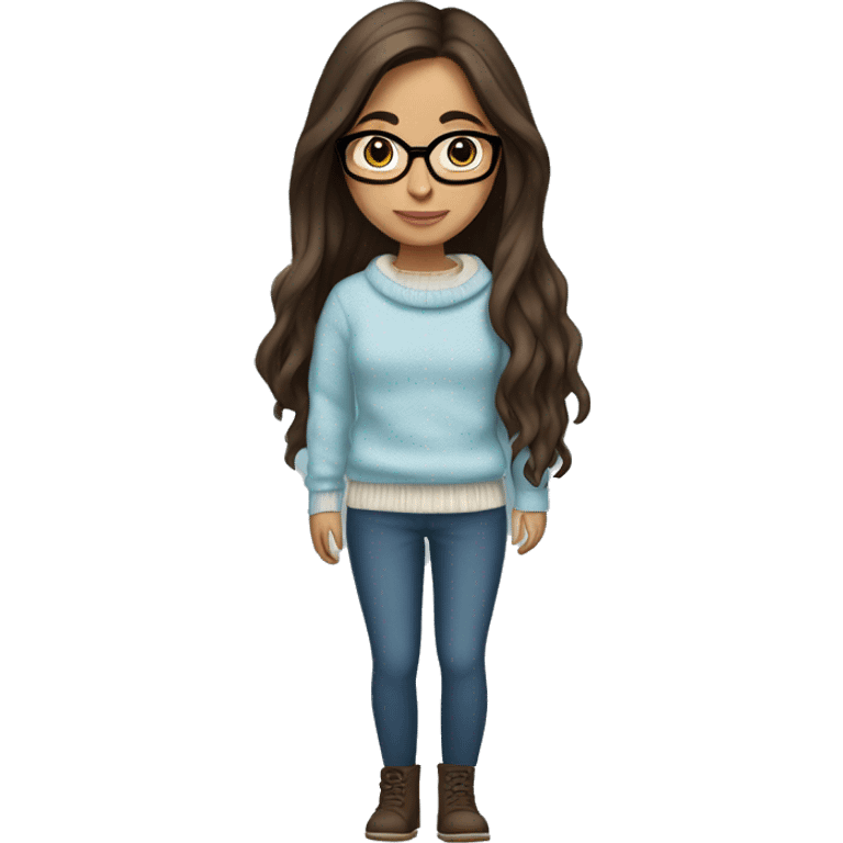 hispanic girl, long brown hair, brown eyes, full body, glasses, young, light blue winter sweater emoji