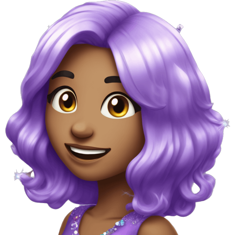 one girl with purple diamond hair made from purple crystals or diamonds or jewels, she is feeling happy and elated and excited, make her hair shiny with prisms and angles and edges, now make her hair crystallized, make her hair only crystals no real hair emoji