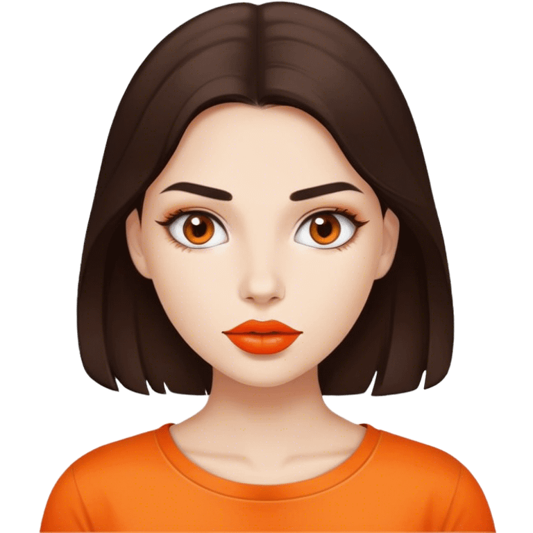 a White beautiful girl white natural lipstick and dark brown hair, and orange shirt emoji