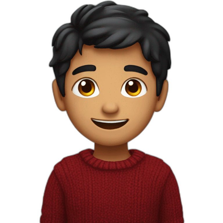 smiling and pointing north indian kid with chubby cheeks black hair wearing a dark red sweater emoji