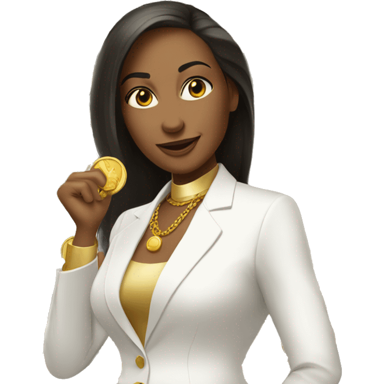 Posh-woman-with-white-suit-holding-golden-coins only upperbody emoji