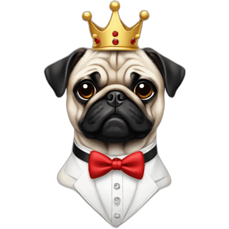 A dog (pug) with a crown in a white suit and a red bow and black braces emoji