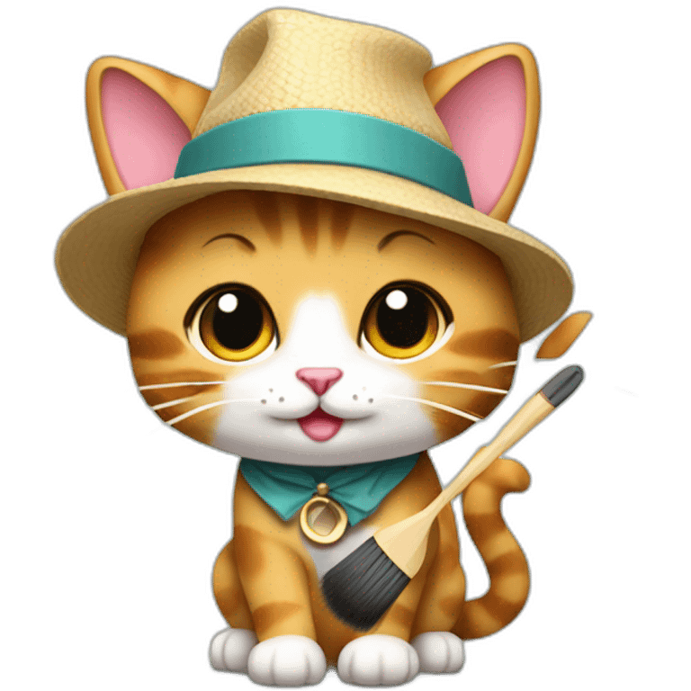 Kawaii cat artist in hat with a brush so it can be used as a mouse cursor emoji