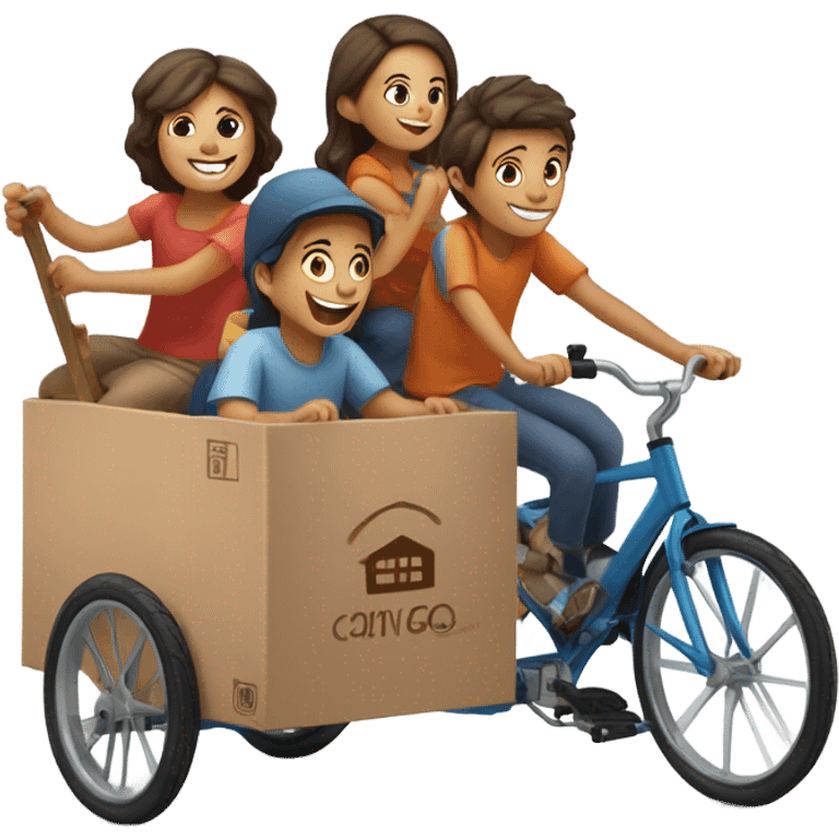 Cargo bike with 3 wheels and box in front, 3 children in it emoji