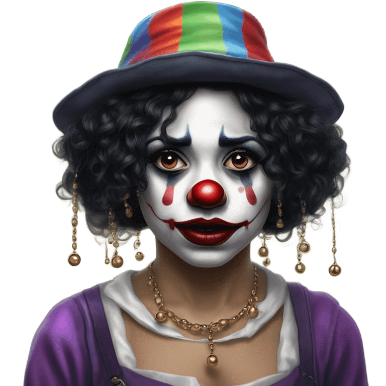 Hyper realism realistic Sad clown girl with clown face paint wearing cap n bells cockcomb jester hat with bells and with long straight black hair exaggerated expression on her face  emoji