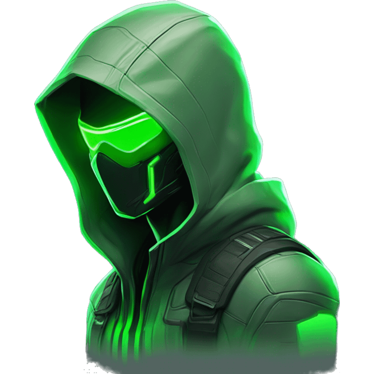 Side view developer behind his laptop with this style : crysis Cyberpunk Valorant neon glowing bright green character green black hooded assassin themed character emoji