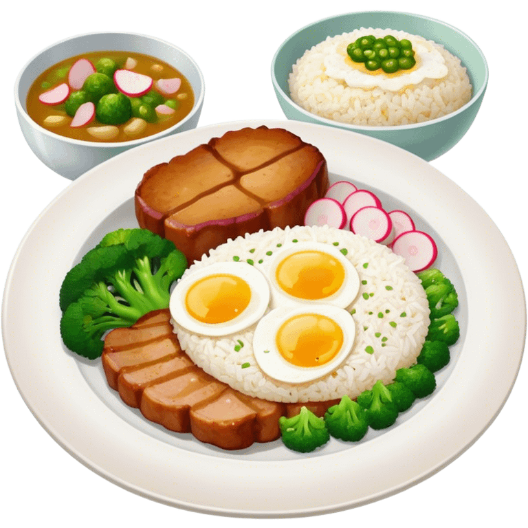 Pork chop rice combo with egg, broccoli, pickle radish, and white rice. Plus a soup on the side emoji