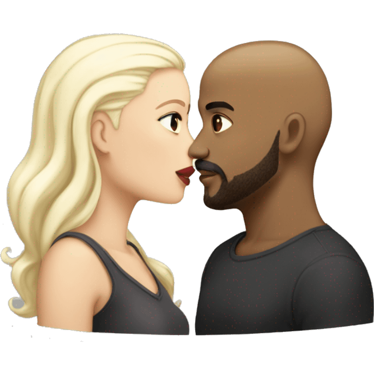 Light skinned black male heavy set bald with short beard and mustache kissing heavy set white female with long platinum blonde hair  emoji