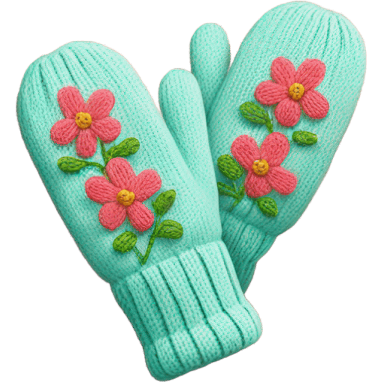 A pair of cozy knitted mittens with a floral design emoji