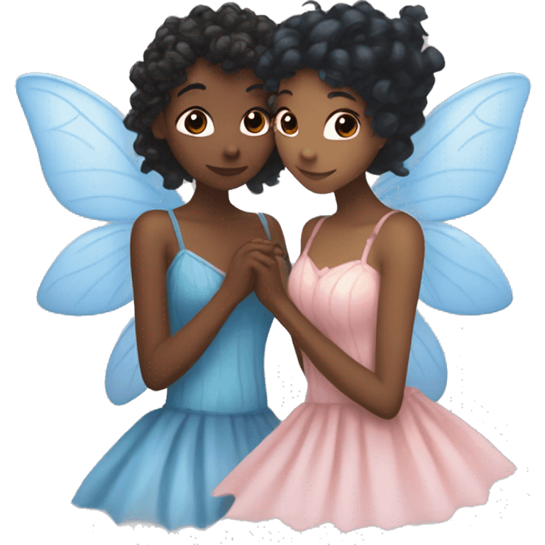 two fairies kissing, one is pale white and has a pink dress and her hair is orange, and other is dark brown with curly black hair and a blue dress emoji