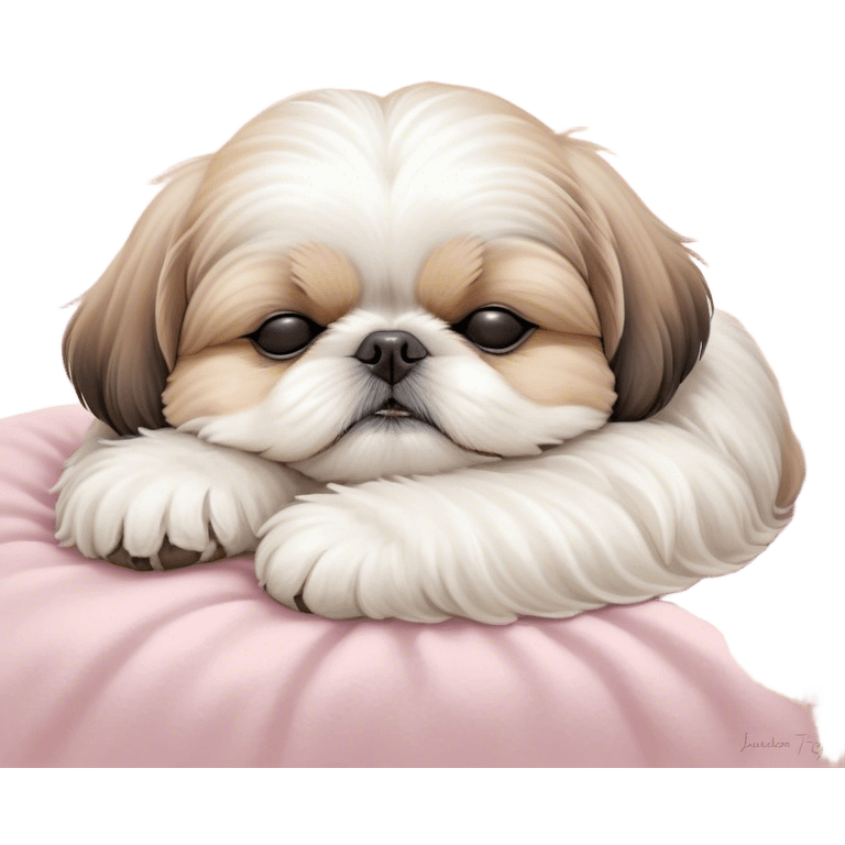 Meme-Worthy Cute Sleeping Shih Tzu Portrait Emoji, Head resting peacefully with a tender, contented smile and eyes delicately closed in serene slumber, showcasing a luxuriously fluffy fur in soft pastel tones, simplified yet irresistibly adorable, highly detailed, glowing with a warm, drowsy radiance, high shine, exuding calm, cozy charm, styled with a gentle, soft glowing outline, capturing the essence of a sleeping Shih Tzu that radiates utterly adorable, sleepy bliss! emoji