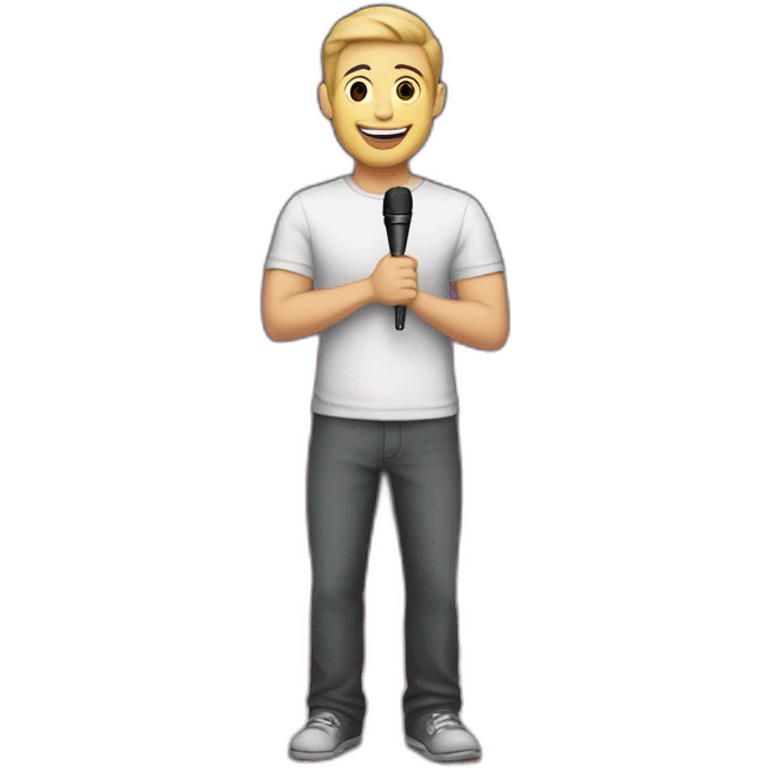 white light skin man person standing in a theater with red curtains standing on elevated stage holding a microphone smiling with light hair emoji