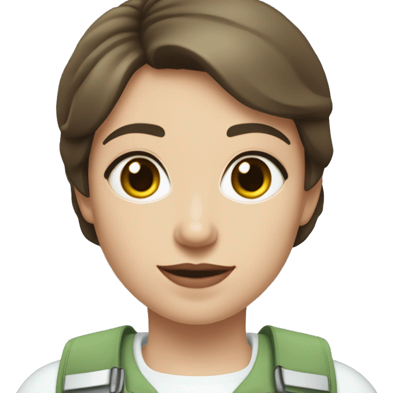 A brunette girl with a pixie cut, she has light pink lips, is white, and hazel blue eyes, she wears a light green shirt and a white vest over. She is a field medic emoji