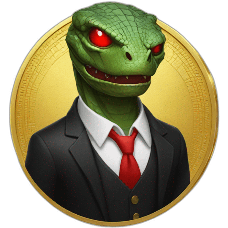 Reptilian with red laser eyes in black suite on the golden coin emoji