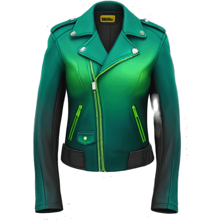 Realistic isolated side view of a dark teal,lime green,mint green and emerald green ombre moto style fashion leather jacket. emoji