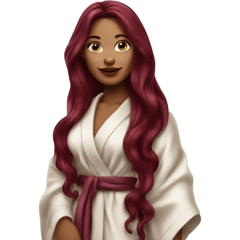 Beautiful tattooed burgundy long haired woman in silk robe emoji