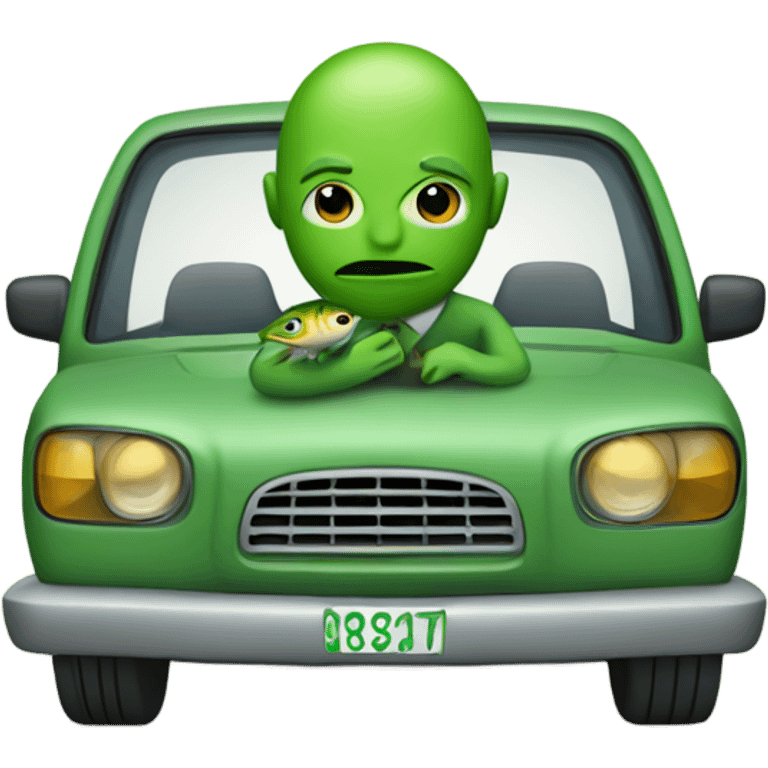 Green Person with a fish head driving  emoji