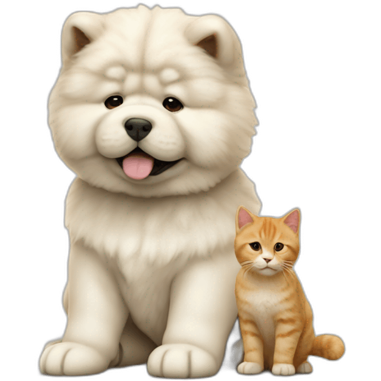 Cute white chow chow puppy sitting with ginger cat realistic 4k 16k emoji