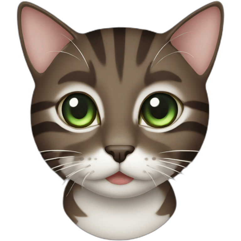 Dark Brown cat with darker stripes and Green eyes, black pupil and White mouth emoji