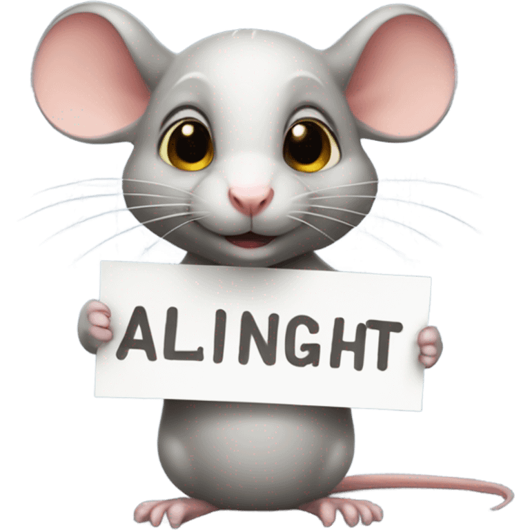 A cute rat holds a sign with the inscription "ALINGHT" emoji