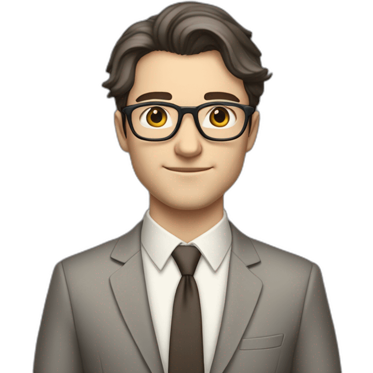 Full height Pale skinned Fit Man With dark brown hair in classic gray suit, beige office shirt, dark gray tie, and vintage glasses. Thrumbs of his palms directed up emoji