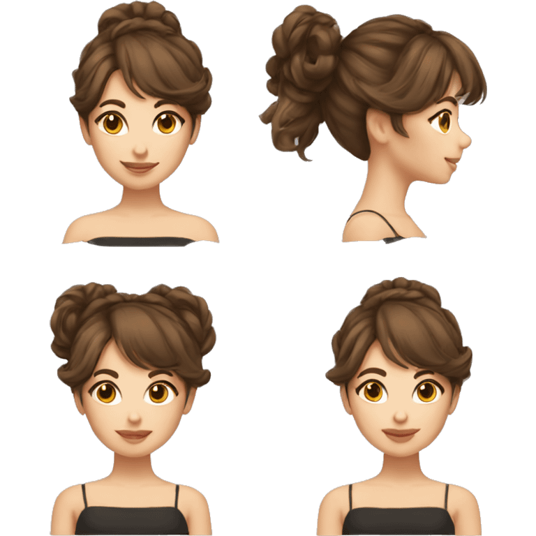 Beautiful natural skinned girl with long brown hair, curtain bangs, simple high bun emoji