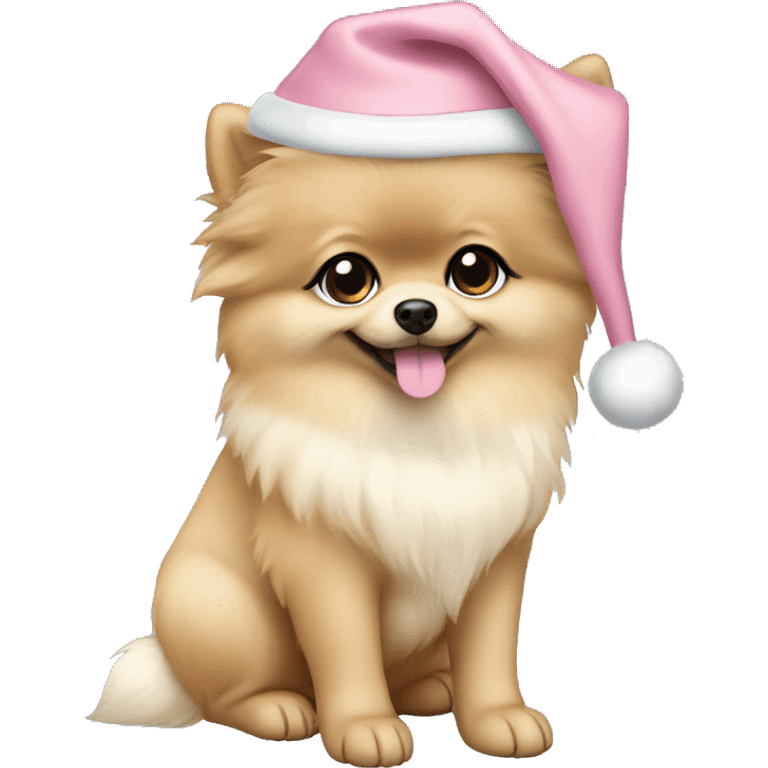 beige pomeranian puppy full body light blue eyes pink christmas hat on emoji