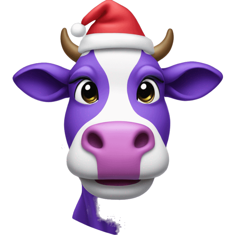 purple cow in Santa hat and snowflake emoji