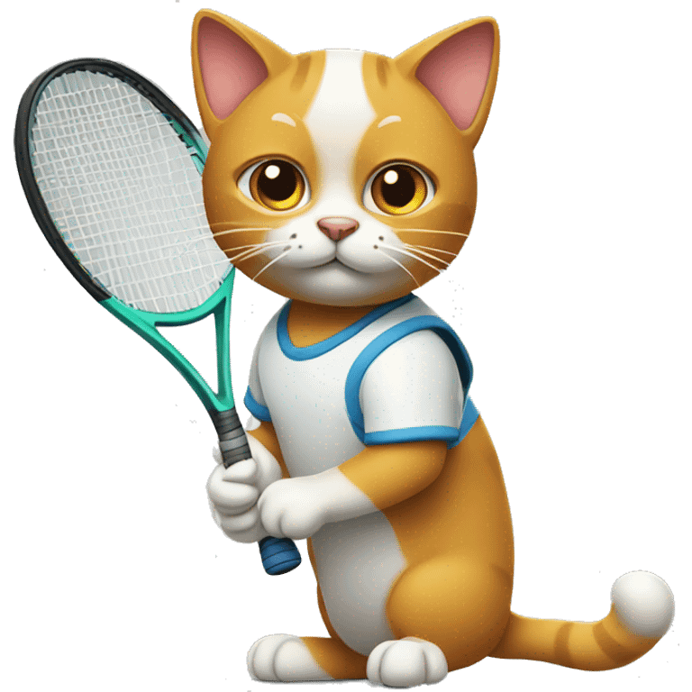 A cat playing tennis, racket in paws, with a focused expression emoji