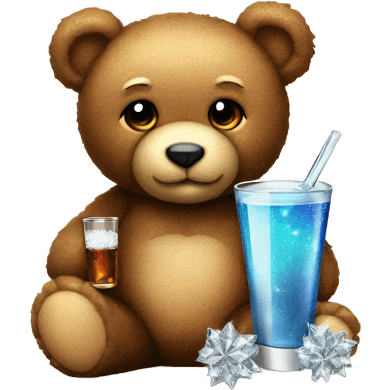 teddy bear holding sparkle gift and a shot glass emoji