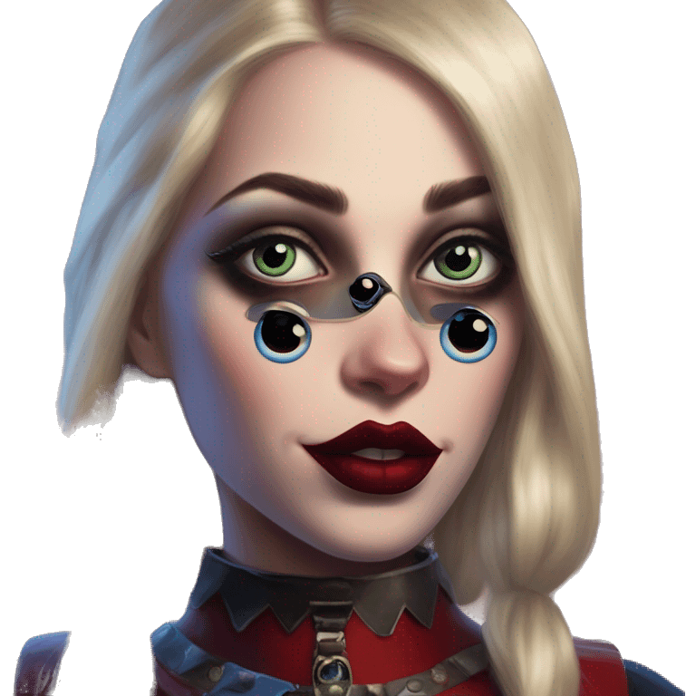 D&D gem collector in Harley Quinn style, oil paint, mysterious eyes, intricate lips, masterpiece portrait, odd perspective, beautiful, desirable, logical emoji