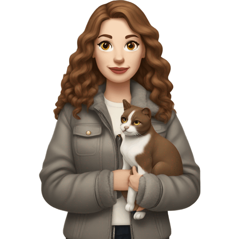 white woman with long brown hair and cat shaped eyes wearing a furry jacket standing alongside a black pitbull  emoji