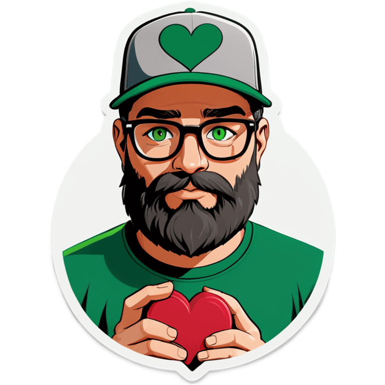 A bold man with a grey baseball cap, green eyes, big beard and glasses holding heart emoji