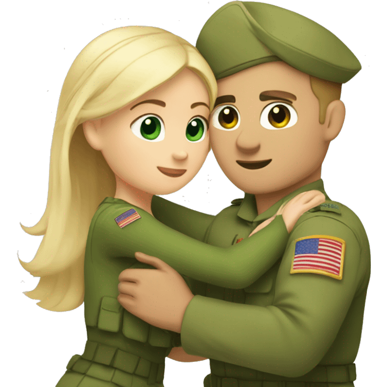 girl with blonde hair and green eyes, hugging military guy with short brown hair emoji