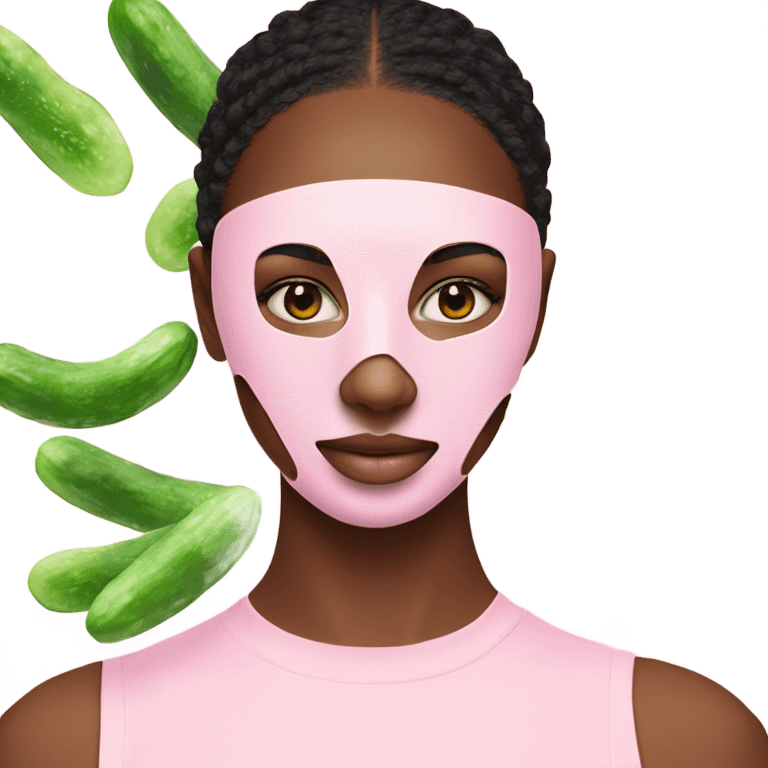 teen girl wearing pink skincare facial mask with 2 cucumbers over her eyes emoji