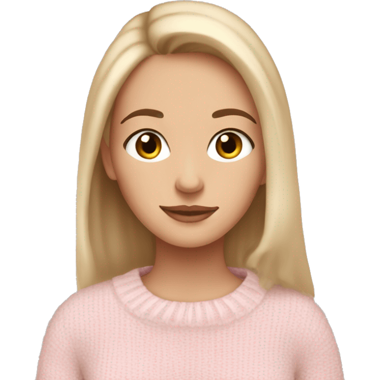 Pretty brown eyed white girl with light pink sweater reading cozy emoji