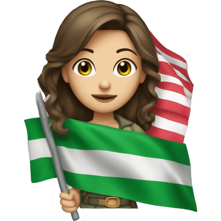  a girl with brown hair and green eyes holding a flag with the inscription Raid emoji