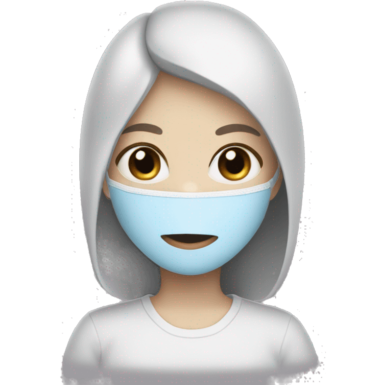 Girl with pale skin, blue eyes, dark brown hair with a face mask emoji