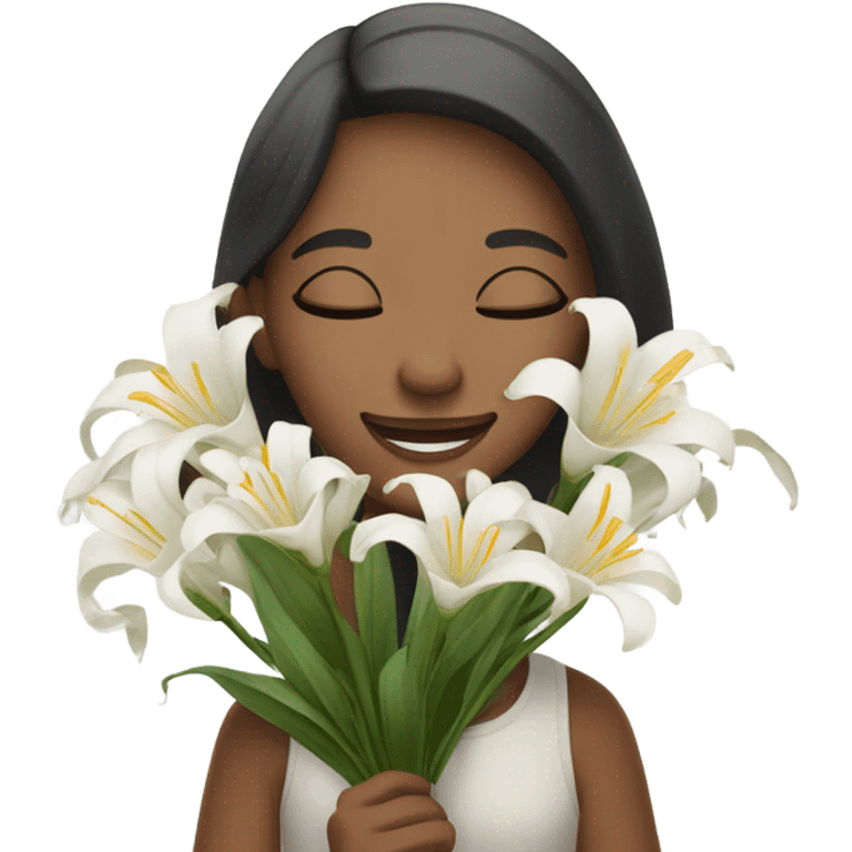 a closed- eyes girl holding a bunch of white lily smiling emoji