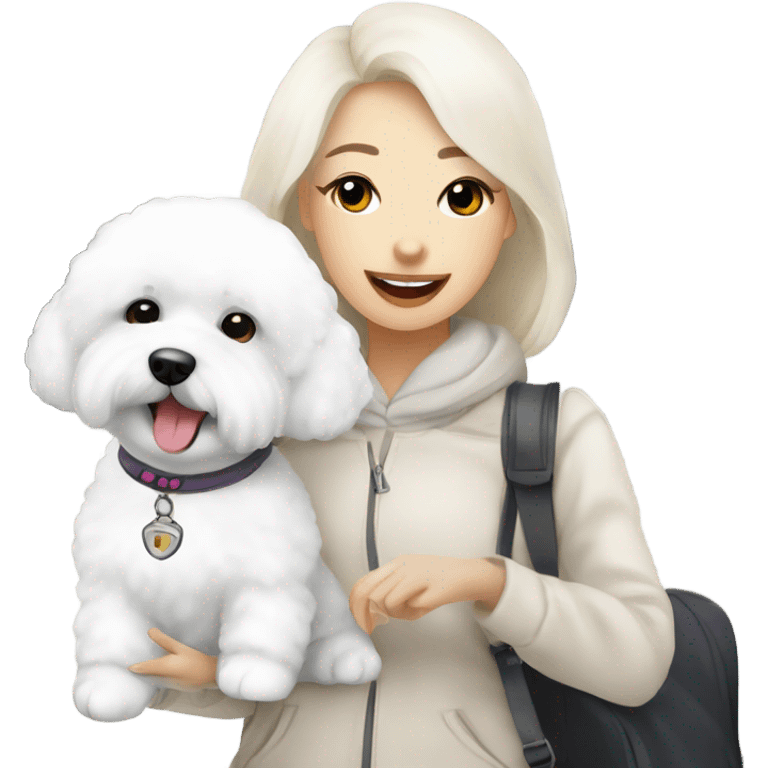 A cute korean style bichon frise with a Asian woman at the airport  emoji