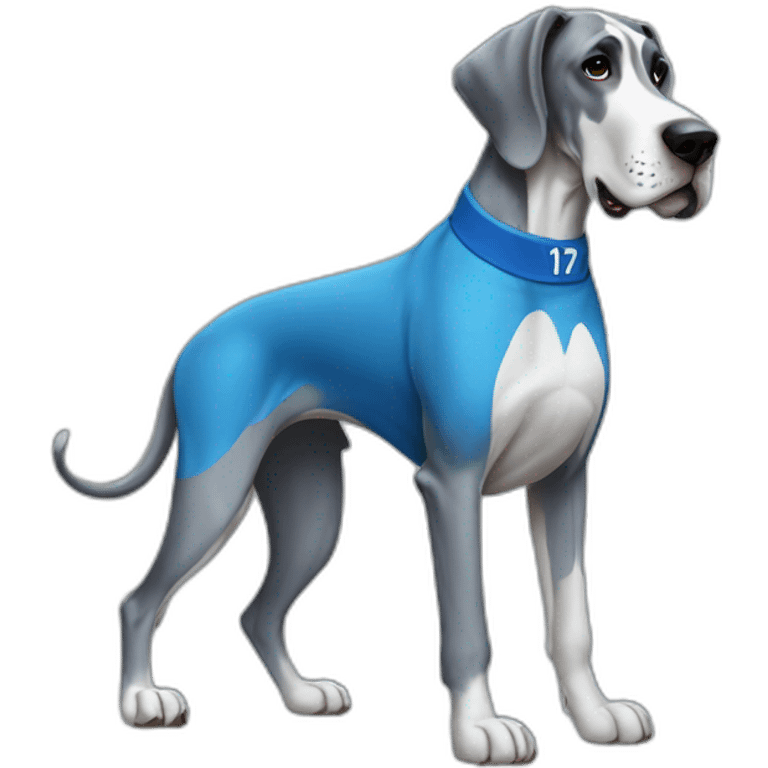 A great dane wearing a blue jersey with number 17 emoji