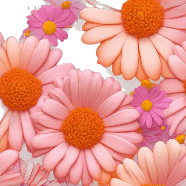 pastel pink and orange cake gradient with light pink mum and cosmos and zinnias wildflowers with orange centete emoji